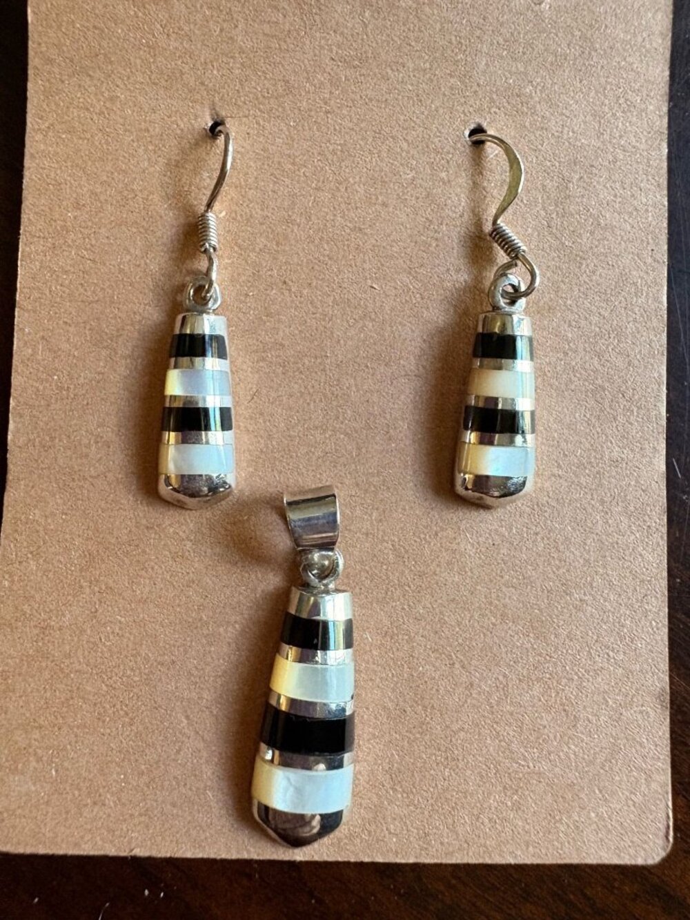 VTG Mexican 925 Sterling Silver Onyx Mother of Pearl Inlay Earring & Pendant Set